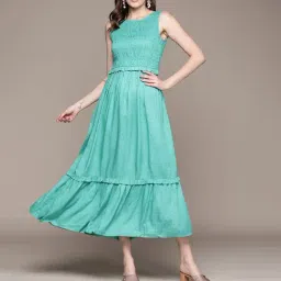 Label Ritu Kumar Aqua Solid Fit & Flare Long Dress-image-28