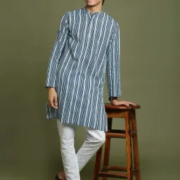 VASTRAMAY Boys Indigo Blue & White Cotton Striped Full Sleeves Kurta Sets-picture-17
