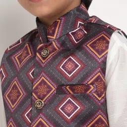 Benstoke Kids White & Charcoal Grey Printed Full Sleeves Kurta Set image 5
