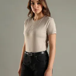 Tommy Hilfiger Beige Cotton Regular Fit Logo Printed T-Shirt image 3