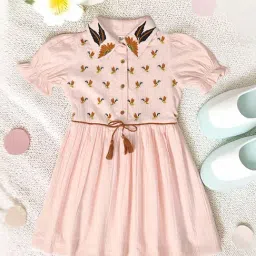 Bella Moda Girls White Cotton Half Sleeves Honey Bee Embroidered Dress-picture-32