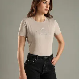 Tommy Hilfiger Beige Cotton Regular Fit Logo Printed T-Shirt image 4