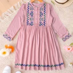 Bella Moda Girls Peach Cotton Three Fourth Sleeves Floral Embroidered Knee Lenght Dress-picture-35
