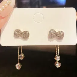 TheVineGirl Gold-Plated Cubic Zirconia Studded Korean Contemporary Shaped Drop Earrings-picture-20