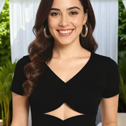 KYVO Women V-Neck Cut Out Fitted Crop Top-image-1