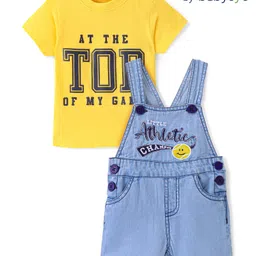 Babyoye 100% Cotton Woven Dungaree With Half Sleeves T-Shirt Text Print - Blue & Yellow-image-29