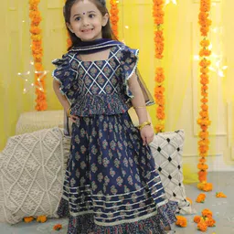 BownBee Pure Cotton Frill Sleeves  Floral Motif Printed & Gota Lace Embellished Coordinating Choli  Lehenga With Dupatta - Blue-picture-13