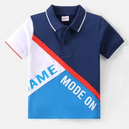 Babyhug  Cotton Knit Half Sleeves Polo T-Shirt with Text Print - Navy Blue & White-picture-13