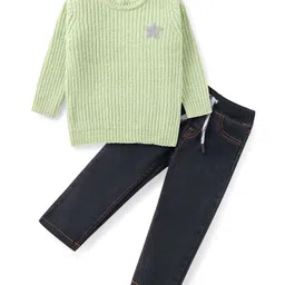 Babyhug Sweater Knit Full Sleeves Solid Pullover & Jeans Winter Wear Set With Star Applique - Light Green-picture-17