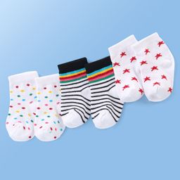Doodle Poodle Cotton Knit Ankle Length Striped & Star Designed  Socks Pack of 3 -  White-picture-36
