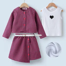Kookie Kids Full Sleeves Checkered Top & Skirt With Heart Printed Vest - Maroon-picture-27