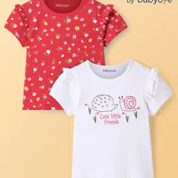 Babyoye Cotton Knit With Eco- Jiva Finish Half Sleeves Tops With Frill Detailing & Floral Print - Red & White-picture-12