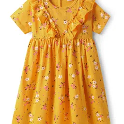 Mark & Mia Cotton Knit Half Sleeves Floral Printed Frock with Frill Detailing - Yellow-picture-22