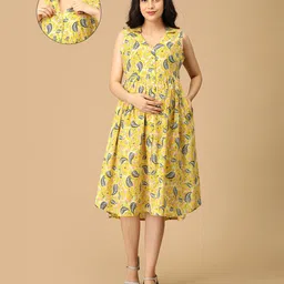 The Mom Store Sleeveless Leaves Printed Maternity Dress With Nursing Access - Yellow-picture-37