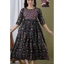 NEVISHA STYLE Cotton Woven Three Fourth Sleeves Floral Printed Maternity Kurta With Side Zipper Nursing Access - Blue-picture-28