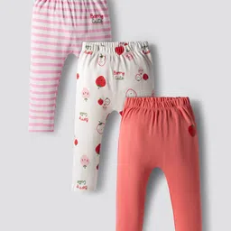 Bonfino 100% Cotton Knit Full Length Diaper Leggings with Stripes & Fruits Print Pack of 3 - White Pink & White-picture-16