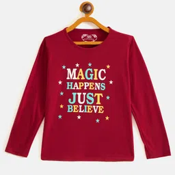 Fort Divine Cotton Knit Full Sleeves Magic Happens Just Believe Text Printed Tee - Maroon-image-23