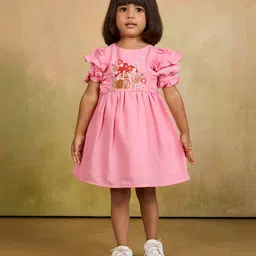 Tiny Twills Linen Woven Half Puffed Sleeves Mushroom House Embroidered Dress - Baby Pink-picture-12