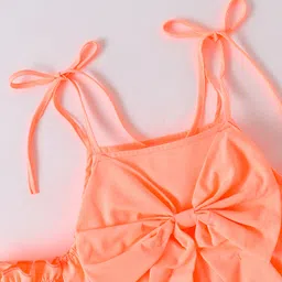 Kookie Kids Off Shoulder Sleeves Solid Color Jumpsuit with Bow Applique - Peach image 3