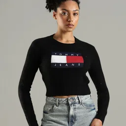 Tommy Hilfiger Women Brand Logo Embroidered Crew Neck Crop Pullover-image-9
