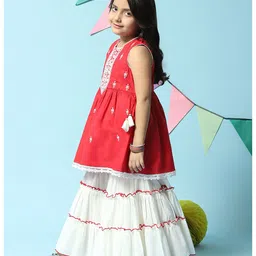 BIBA Voile Sleeveless Floral Embroidered Gathered Kurta Sharara Set - Red image 5