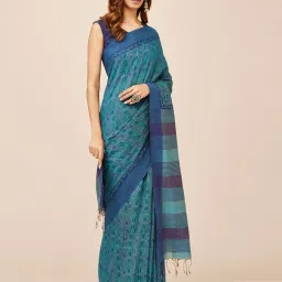 Fabindia Blue Printed Saree Without Blouse image 4