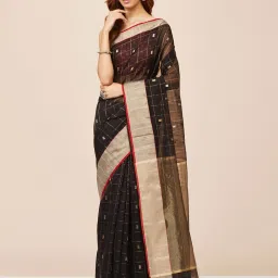 Fabindia Black Chequered Saree Without Blouse image 4