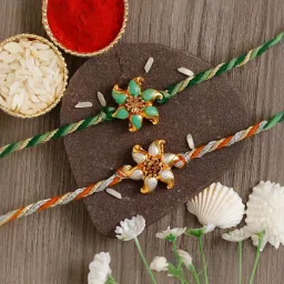 eCraftIndia Set of 2 Floral Rakhis with Sibling Agreement & Roli Chawal Pack image 1
