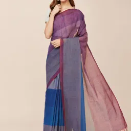 Fabindia Blue & Grey Cotton Striped Saree Without Blouse image 4
