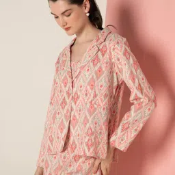 Ekohum Pink Cotton Flex Ikhat Print Coat with Cotton Flex Ikhat Print Pant Co-Ord Set image 4