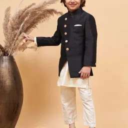 VASTRAMAY Boys Black & Cream Solid Full Sleeves Indowestern Sets image 1