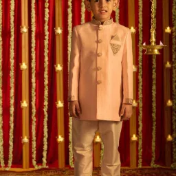 VASTRAMAY Boys Pink & Cream Embroidery Full Sleeves Indowestern Sets image 1