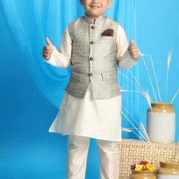 VASTRAMAY Boys Grey & Cream Self Full Sleeves Kurta Sets image 1