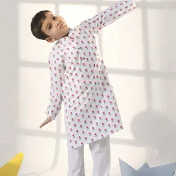 VASTRAMAY Boys White Cotton Floral Full Sleeves Kurta Sets image 1