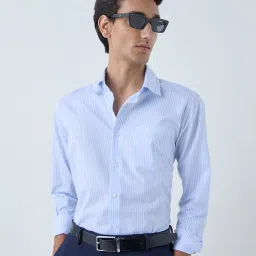 WES Formals by Westside Blue Stripe Patterned Slim-Fit Cotton Shirt image 1