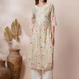 Fashor Mint Green Cotton Embroidered Straight Kurta image 1