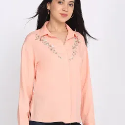 SHAYE Peach Regular Fit Embellished Shirt image 3