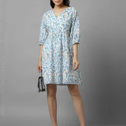 Allen Solly White & Blue Cotton Printed A-Line Dress image 4