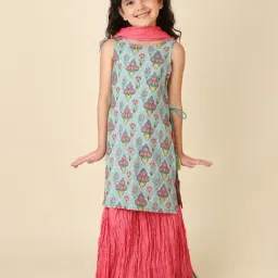 Fabindia Kids Blue & Pink Floral Print Lehenga, Choli with Dupatta-image-53