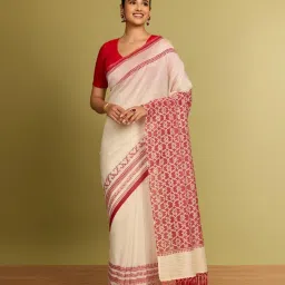 Taneira Off White Cotton Silk Printed Saree With Unstitched Blouse image 1