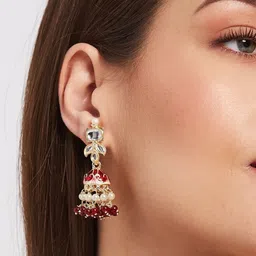 ATIBELLE Silver Plated Cubic Zirconia Stone Studded & Beaded Contemporary Shaped Jhumkas image 3