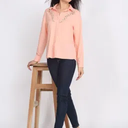 SHAYE Peach Regular Fit Embellished Shirt image 5