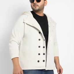 Instafab Plus Grey Cotton Regular fit Self Pattern Plus Size Hooded Jacket-picture-45