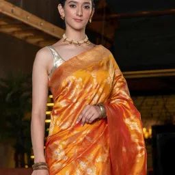 BEATITUDE Orange Woven Saree With Unstitched Blouse image 4