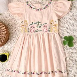 Bella Moda Girls Peach Cotton Cap Sleeves Floral Embroidered Dress-picture-34
