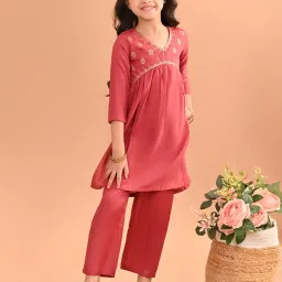 LilPicks Kids Red Embroidered Kurta with Plazzos image 4