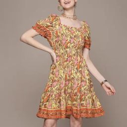 Label Ritu Kumar Yellow Rayon Botanic Print Fit & Flare Short Dress-picture-1