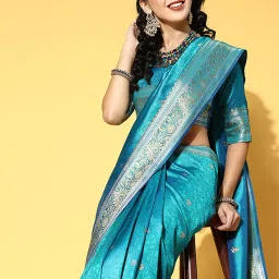 Saree Mall Blue Silk Woven Saree With Unstitched Blouse image 3