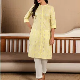 W Yellow Cotton Printed Straight Kurta image 1