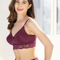 Clovia Wine Cotton Lace Full Coverage Bralette Bra image 1
